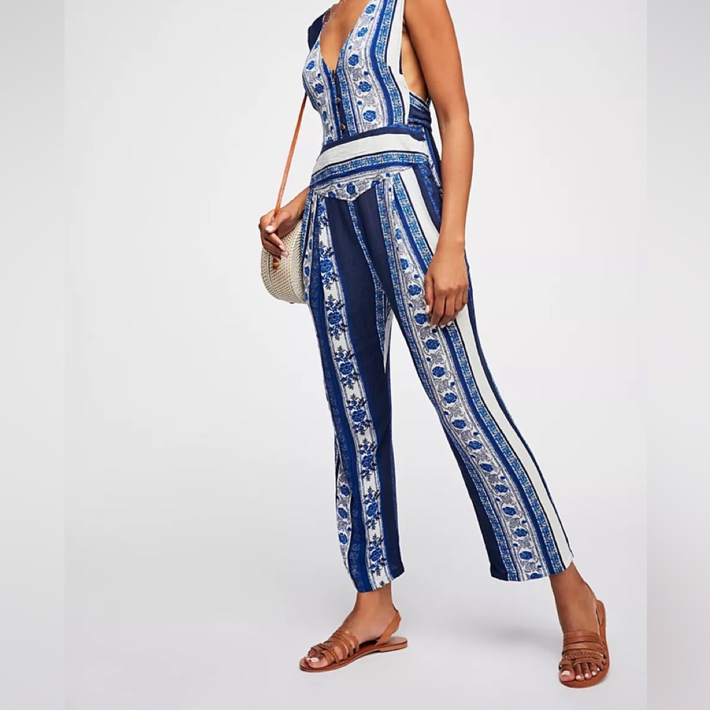 Free People All Shook Up Bohemian Jumpsuit Blue & White 0 XS